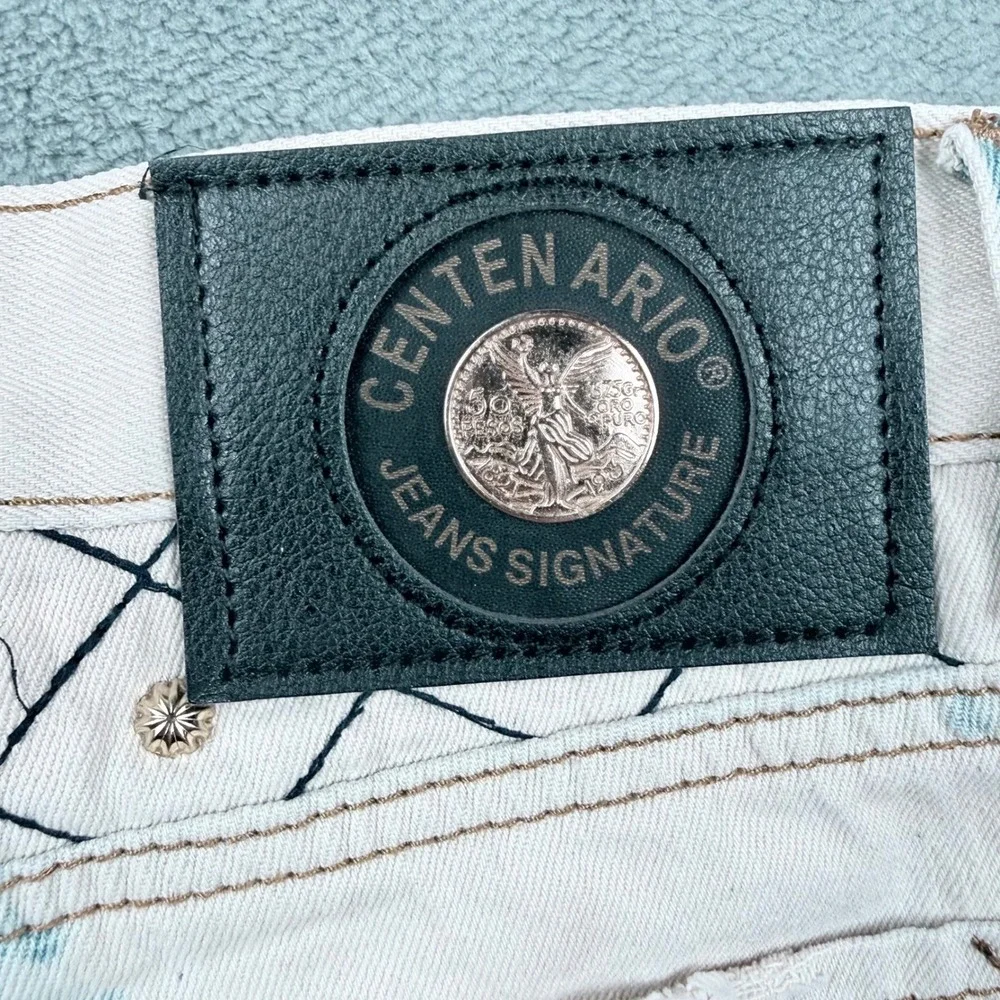 Centenario Mens Acid Wash Biker Jeans White Blue Studded Quilted 34x32 NWT